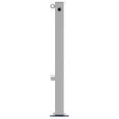 Stainless steel post | 70 x 70 mm | foldable, self-engaging lockto be fixed by plugs, with base plate 100 x 150 mmhot-dip galvanized | with triangular locking mechanism acc. with DIN 3223 | with 1 eyelet